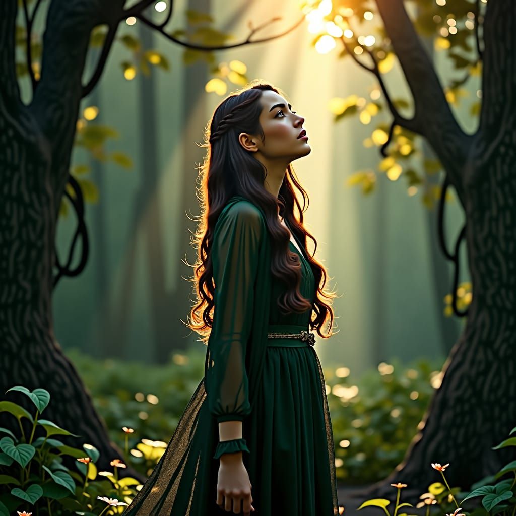 Woman stands tall amidst a forest glade