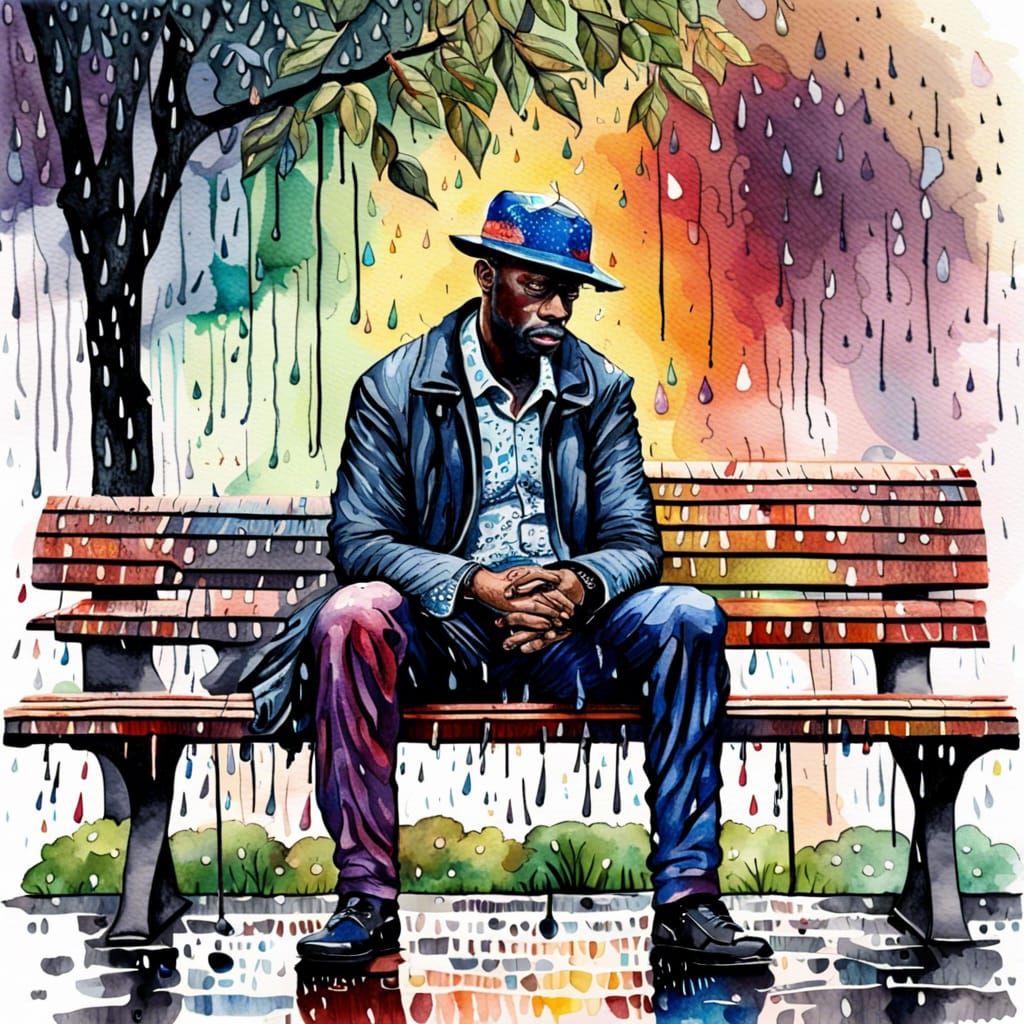 sad black-american man, raining, sitting on park bench, in w...