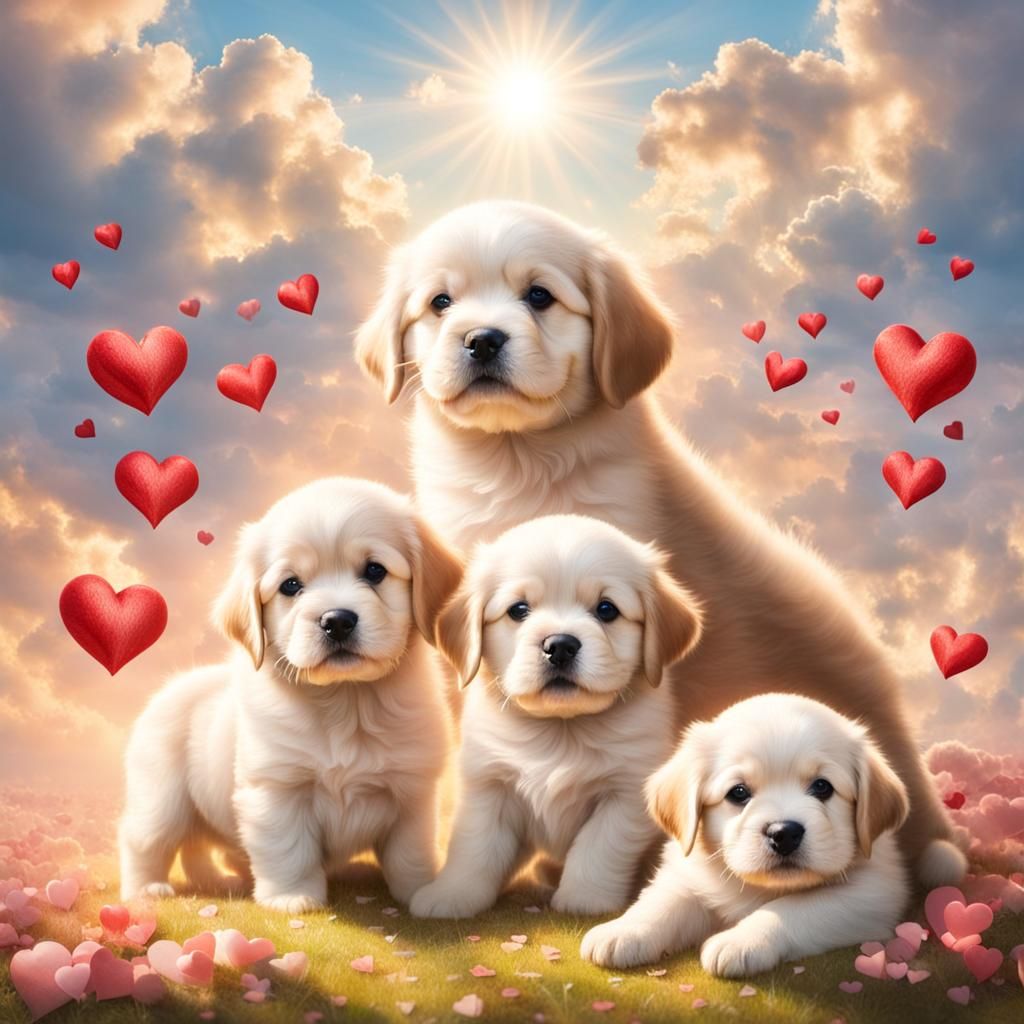 Puppies surrounded by hearts