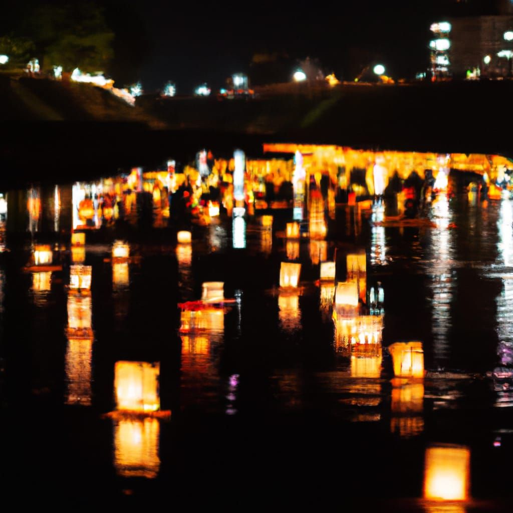 Tōrō nagashi ceremony with warmly glowing floating Japanese lanterns ...