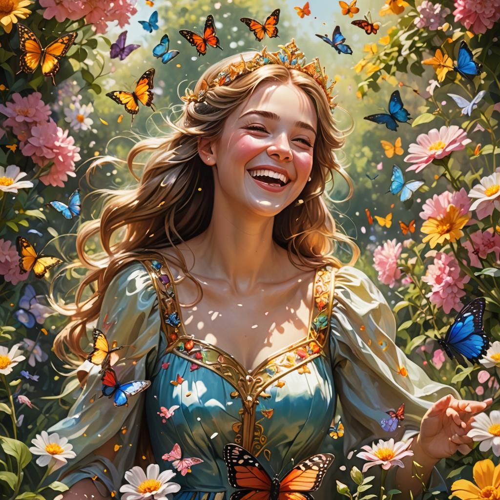 Princess Laughing in Sunlit Garden, Hyperrealistic Splash Ar...