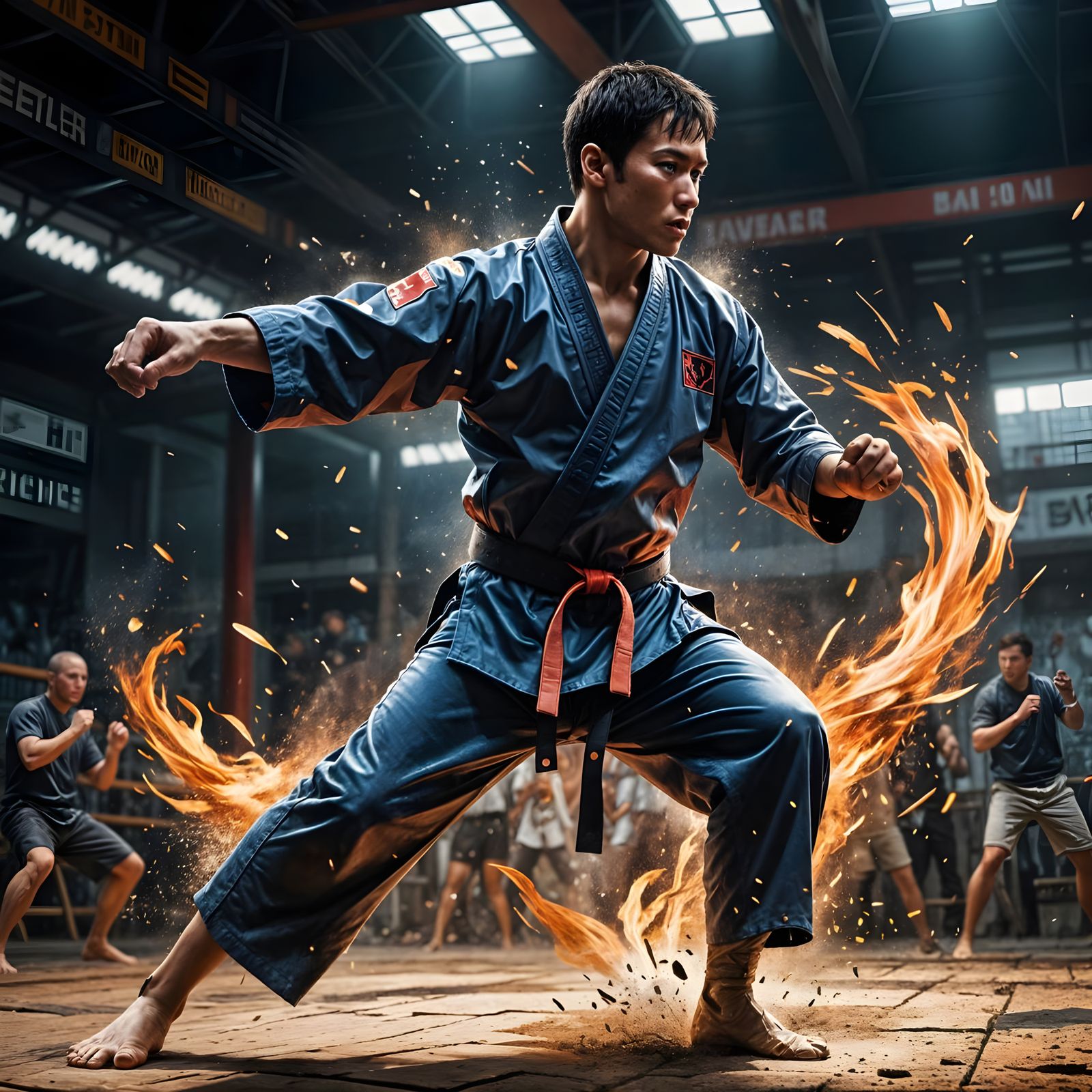 Eine dynamische Szene eines Kampfkünstlers mitten im Tritt oder Schlag.  by @Londo Mollari