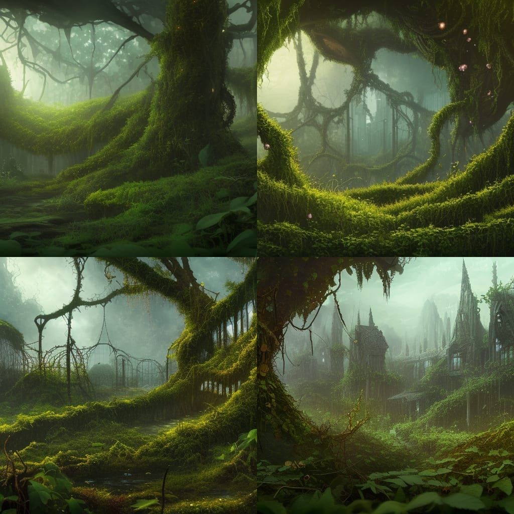 overgrown city coverd in vines and moss