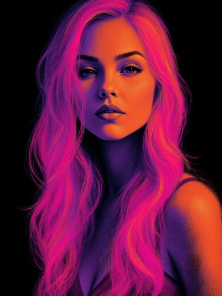 <lora:Neon chalk:1.0> female half body length, neon, pink, orange and purple neon ink