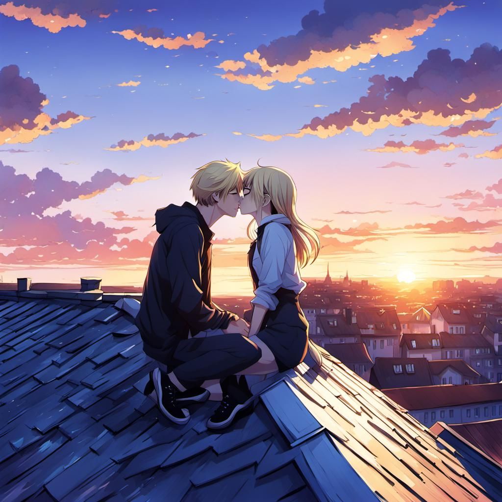 a blonde hair girl and her boyfriend kissing  on top of a ho...