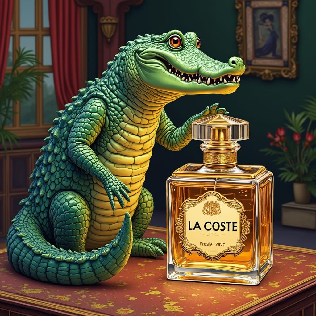Crocodile Inspecting Perfume in Luxurious Setting