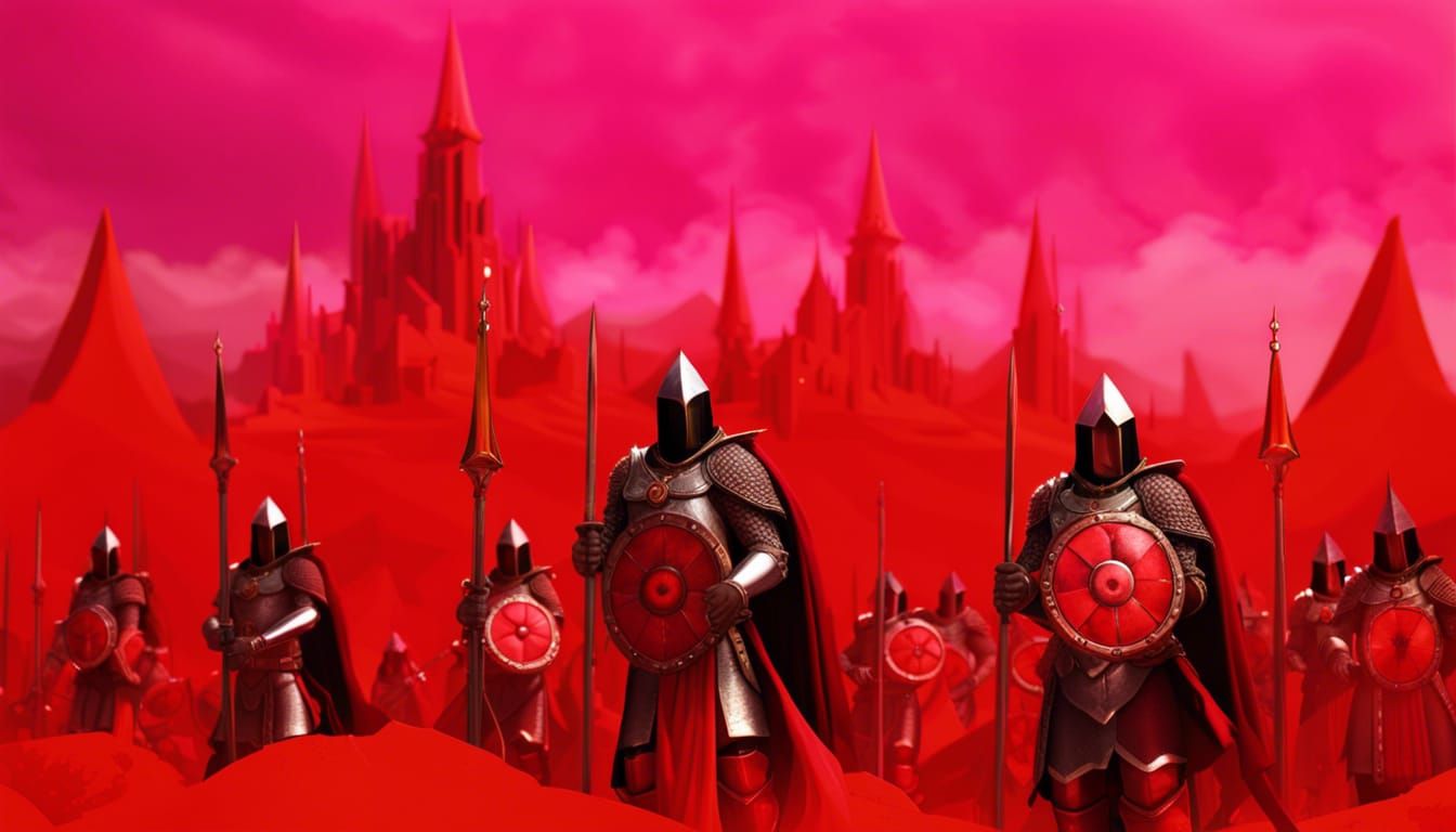 Endless Legion, medieval fantasy army, red hue, vibrant crystal core, magic, simple armor, red tabard digital illustrati...
