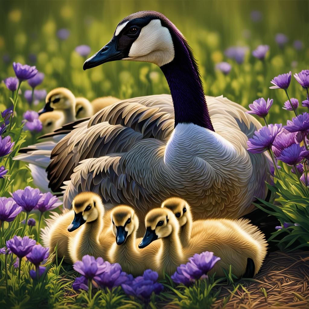 Canada goose and her babies