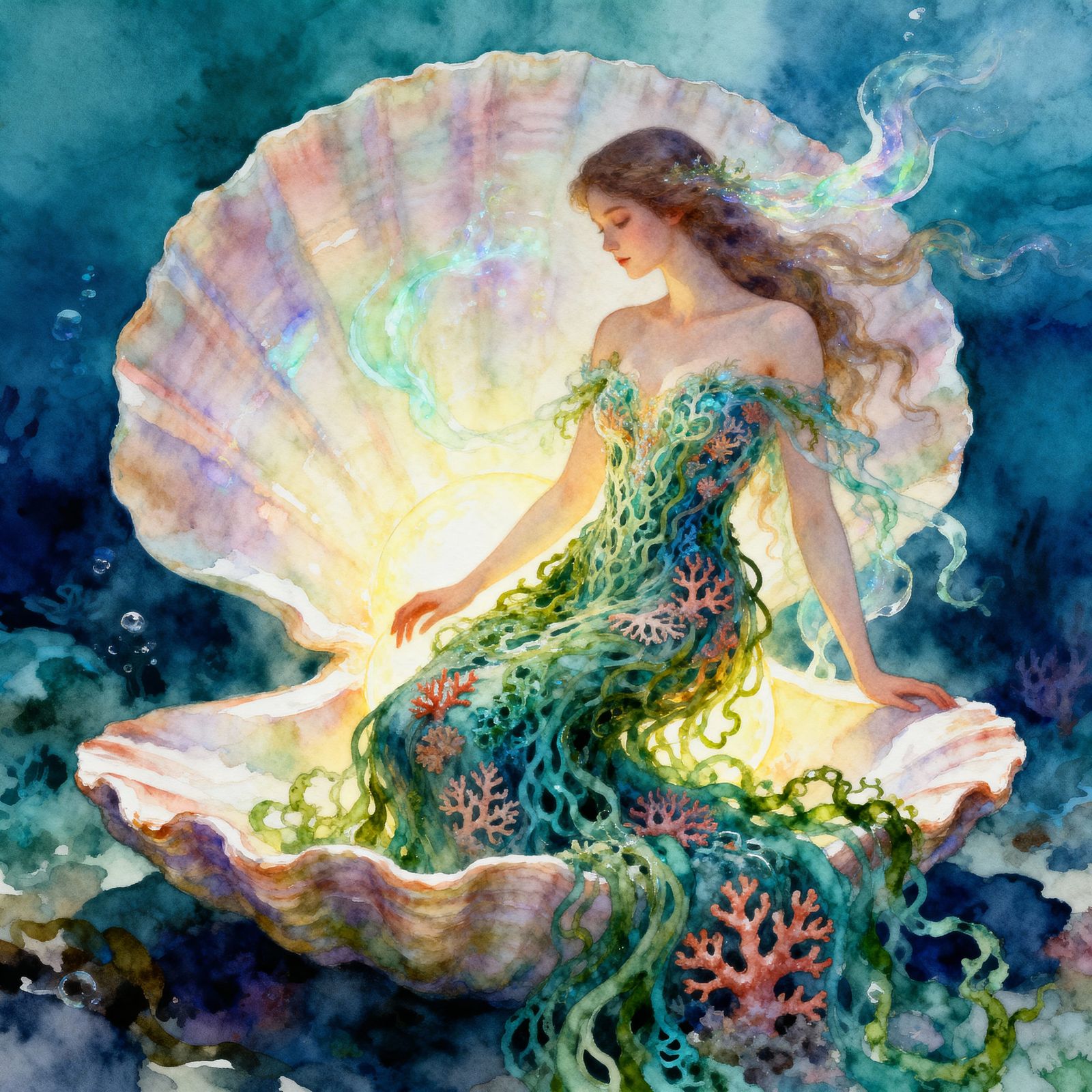Venus burning from a shell, in stunning dress of algae and corals. Impressive watercolors, magical surrealistic, ...  by @Wesly 