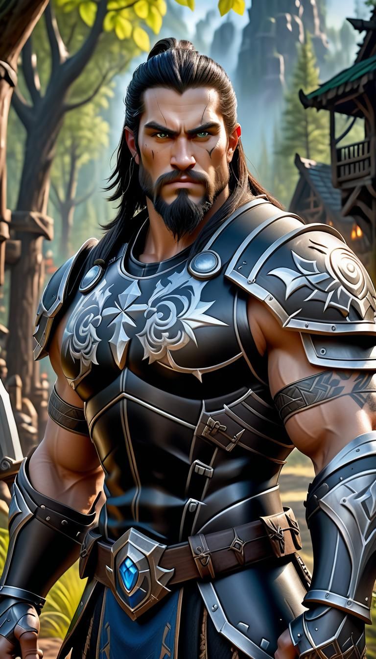 A large young man, muscular, dark curvy hair, short beard, w...