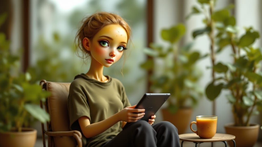 full length portrait, cute non-binary person, short curly haircut auburn with stray tendrils and a center part, green-hazel eyes, oval glass...