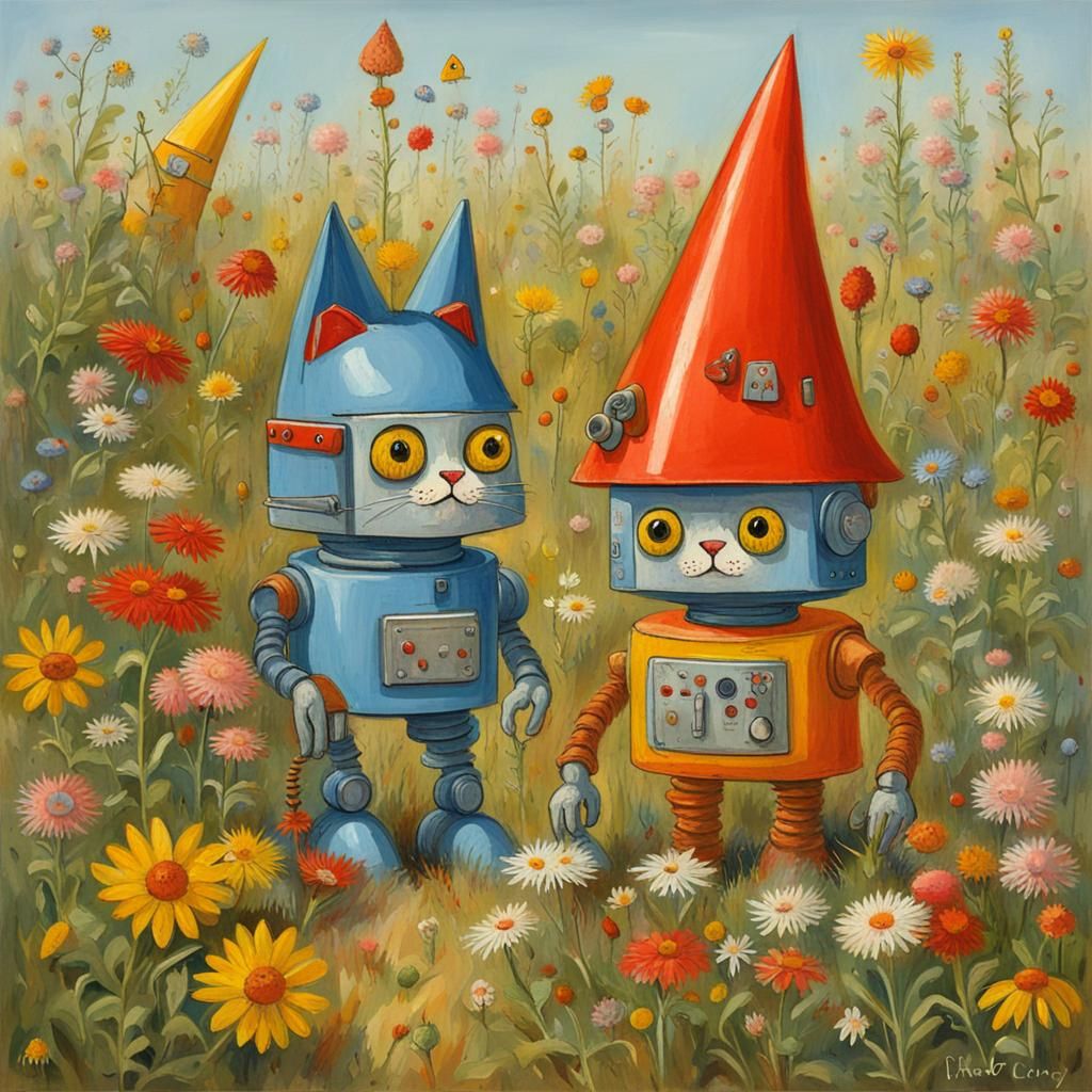 Robot gnomes. Cats. Wild flowers. Oil painting by Richard Sc...