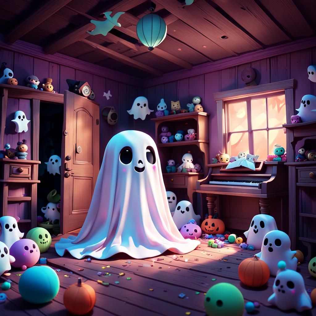 illustration of an abandoned house with a cute ghost. kawaii adorable spooky fun Pixar, Disney, concept ...  by @sans--seraph