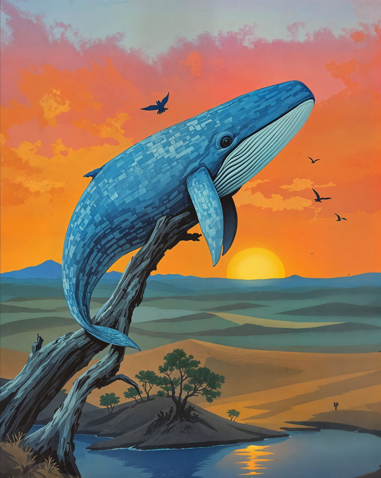 Surrealist Blue Whale on a Thin Branch Watches Sahara Sunset