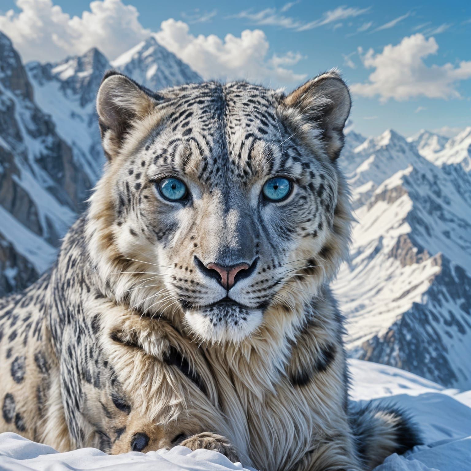 Snow Leopard with Blue Eyes Sitting on Snow