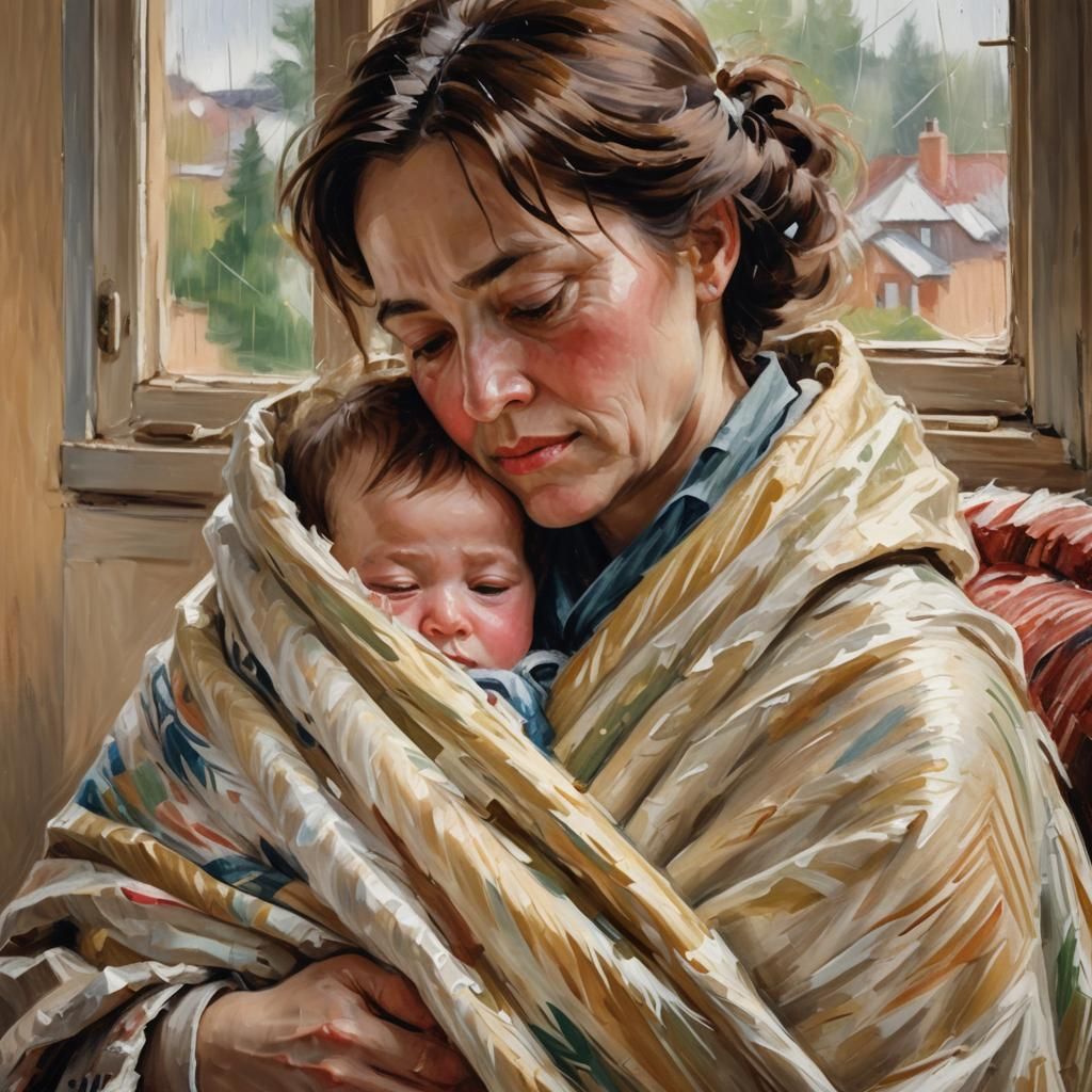 Impressionist Mother and Baby on Rainy Day