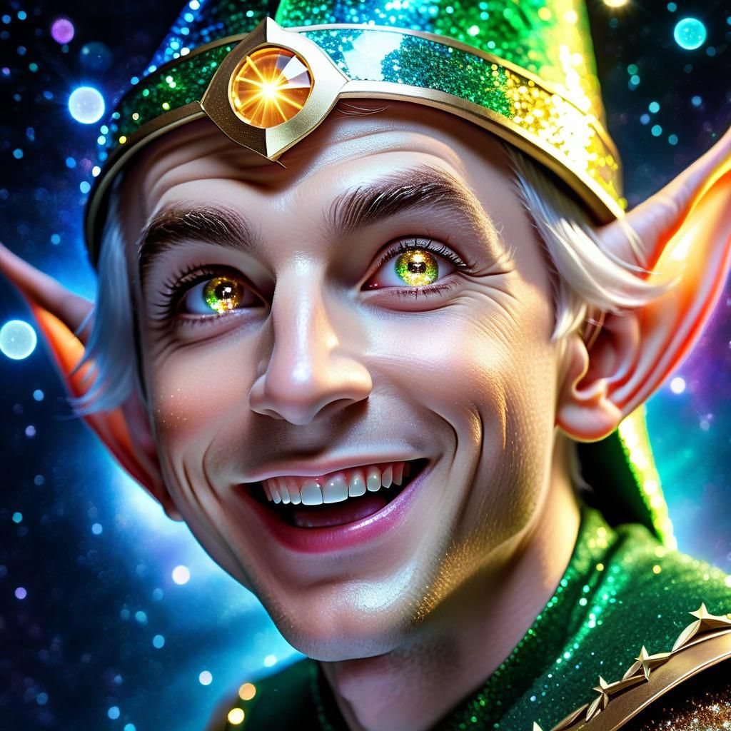 "Cute laughing Elf Face with a glow in his eyes", holographic