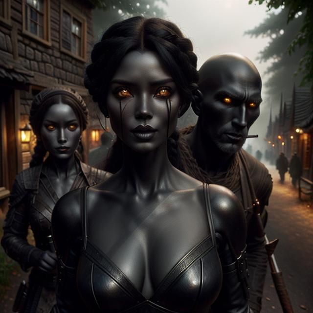 <lora:Shadow People SD:1.0> Shadowpeople in the village, shadow-women and shadowmen, glowing eyes, by Thomas Kinkade and Todd McFarlane and...
