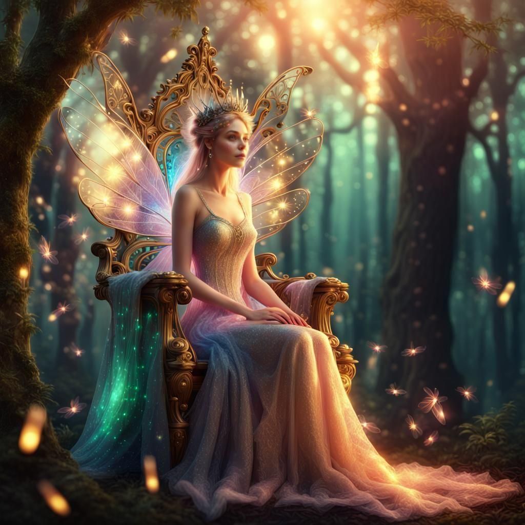 fairy queen sits on her throne in her forest court