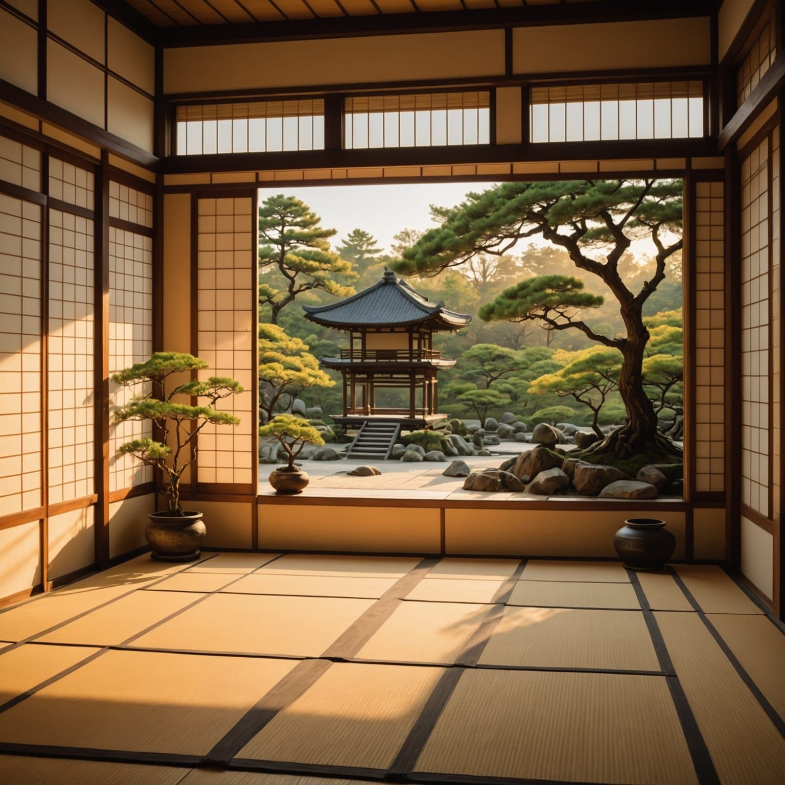 Tranquil Dojo at Sunset: Zen Watercolor Painting