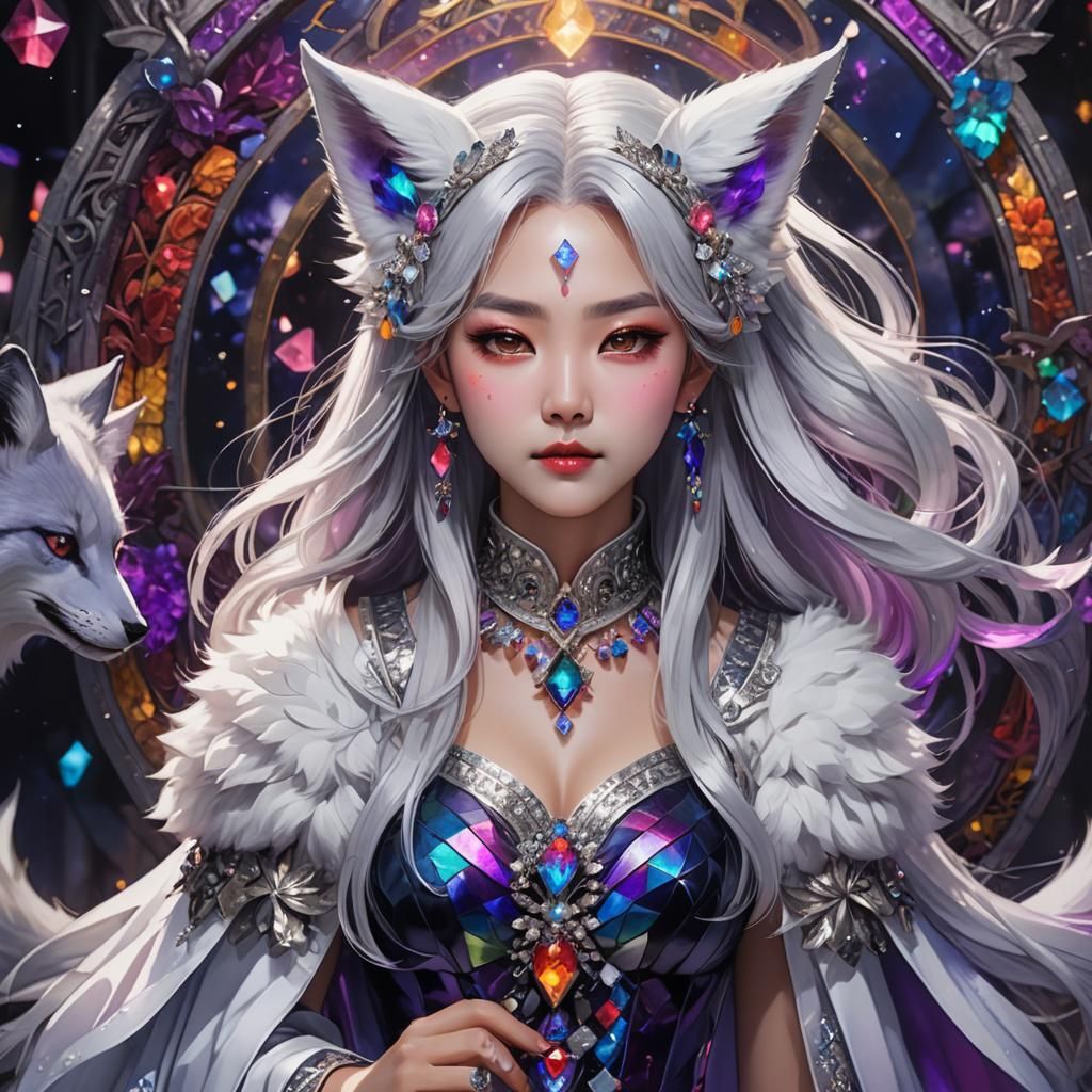 korean lady silver hair rainbow dress rainbow crystals white...