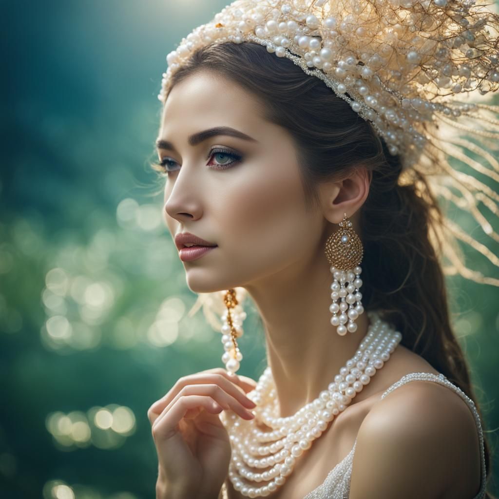 Full body shot of a beautiful woman wearing freshwater pearl...