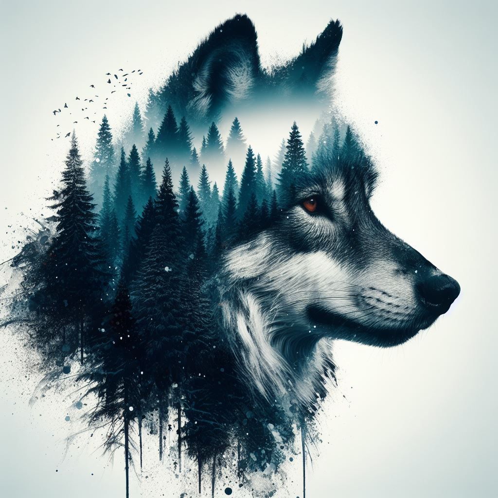 Double exposure wolf/forest