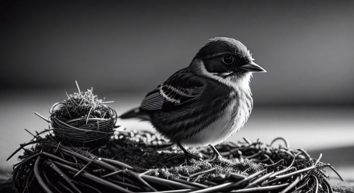 Photorealistic black and white image, cute bird on a nest, ray tracing, dramatic lighting, awesome sharp focus, incredible details, flawless...