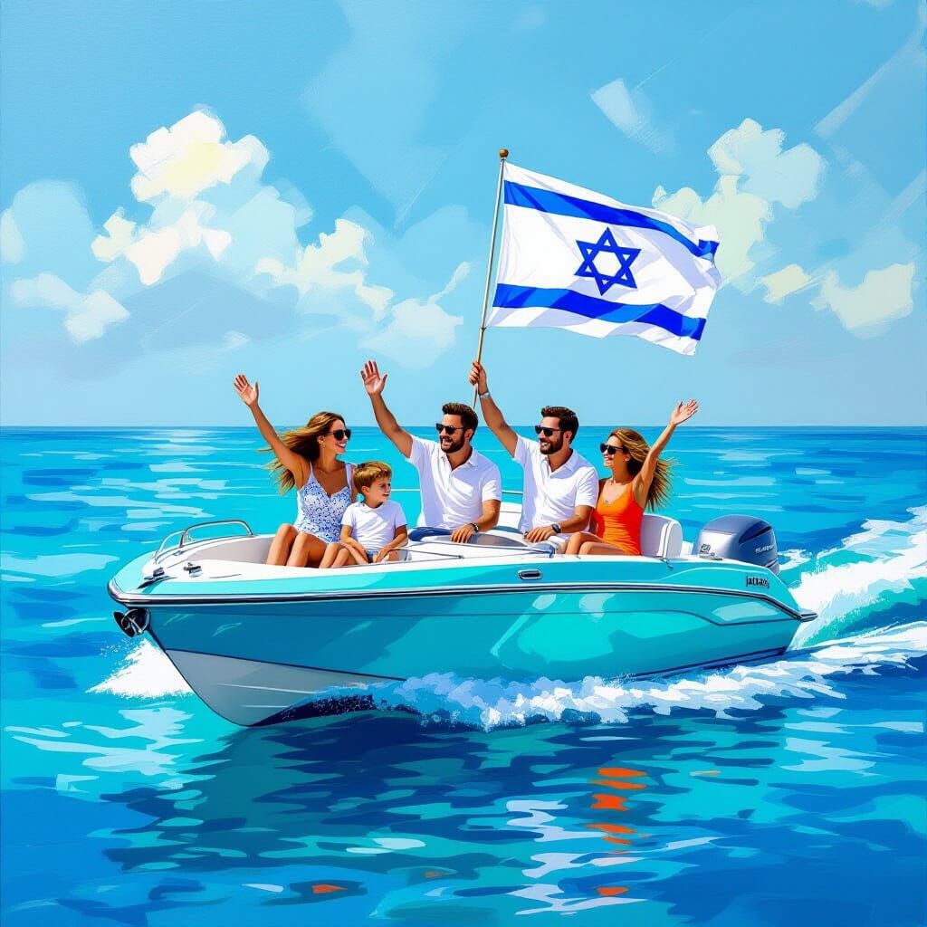 Family on Speedboat Waving Israeli Flag: Impressionist Art