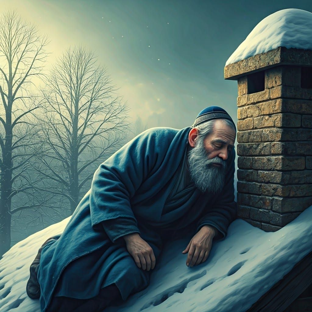 Weary Rabbi on Ancient Roof in Snowy Landscape