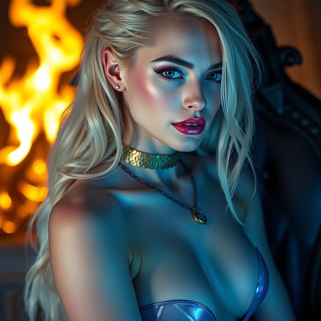 Ethereal Witch in Holographic Neon Body Suit Against Fire-Li...