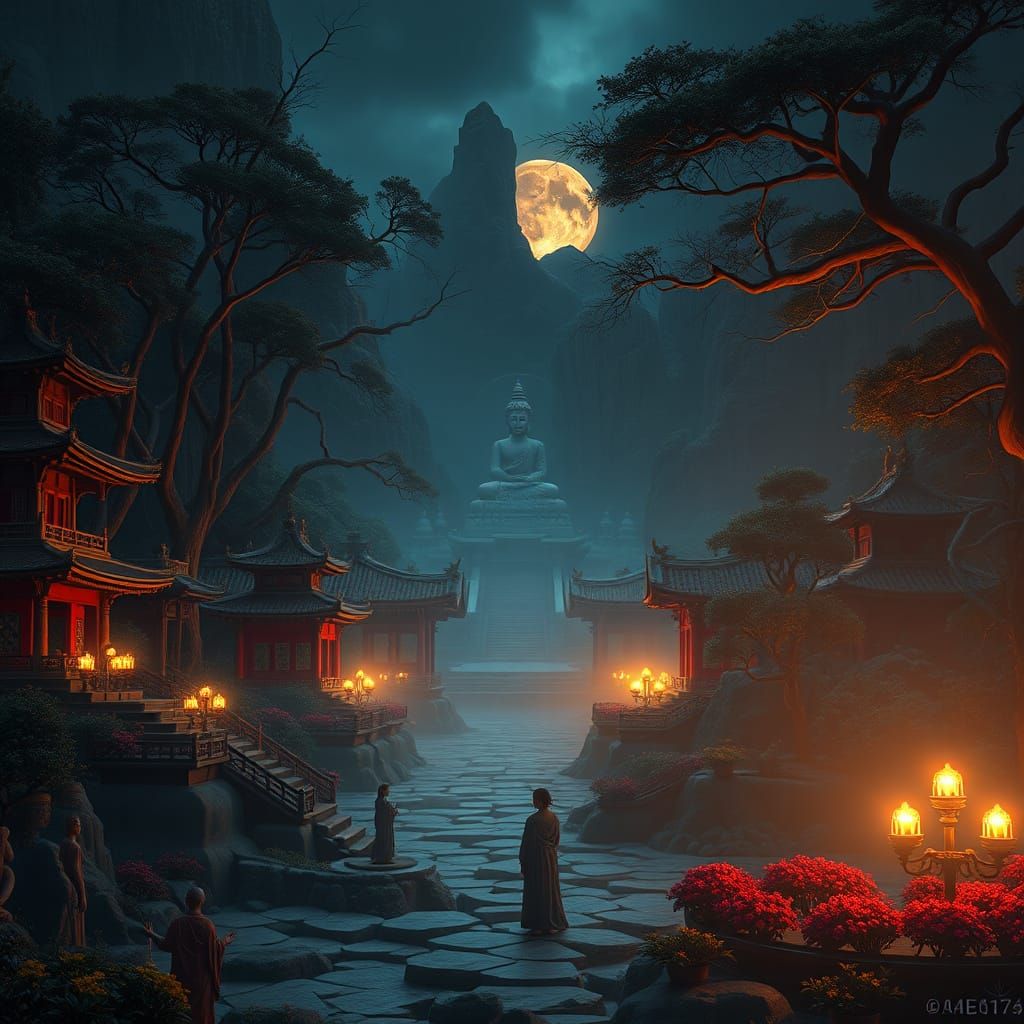 Serene Buddhist Landscape in Hyperrealistic Style