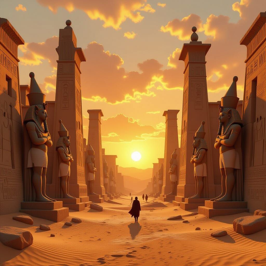 Ancient Egyptian Temple at Desert Sunset