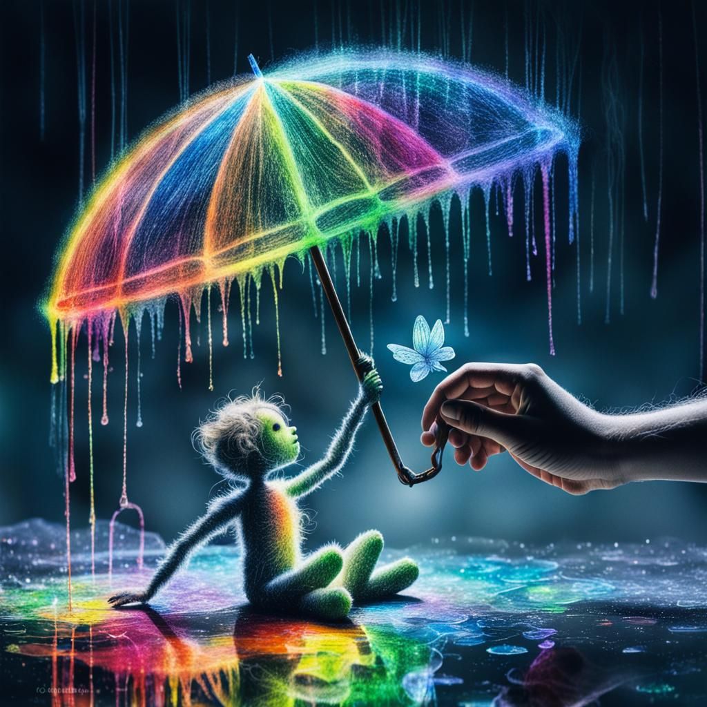 Visualize a surreal childlike landscape, dandelions,   red fairy ,drawing inspiration from an early 20th-century rayograph or photogram. Th...