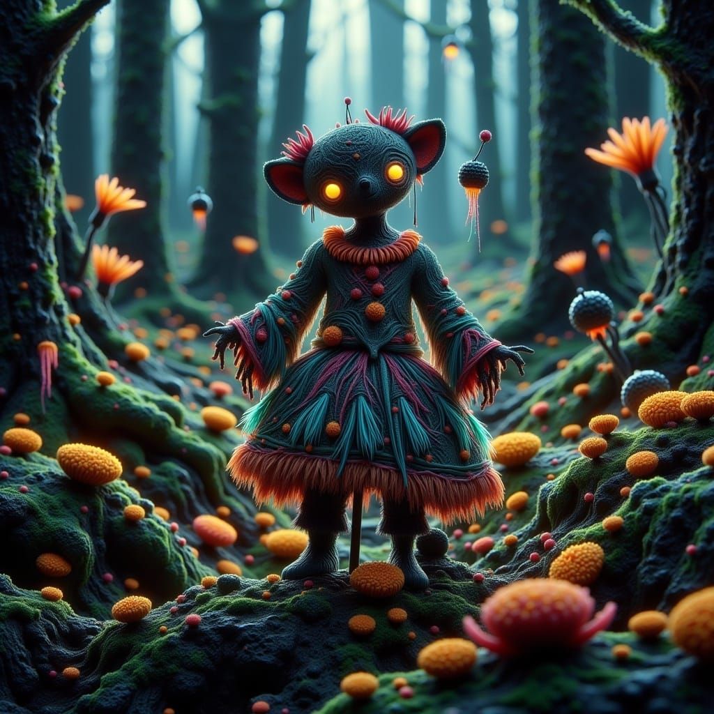 <lora:-Darken-:1.0>  Whimsical atmosphere ▪ Enchanted forest setting ▪ Scarecrow figure with glowing eyes and a fabric head ▪ Playful compos...