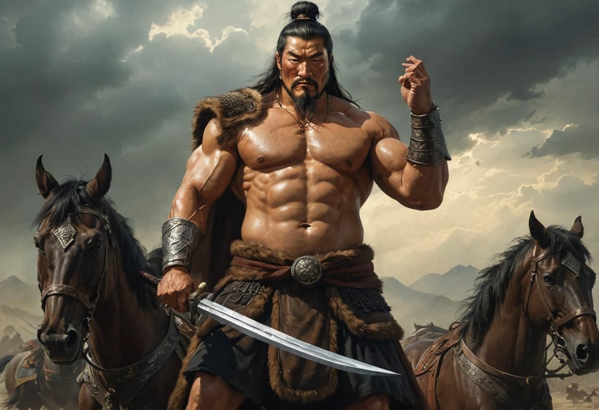 A powerful and imposing depiction of a shirtless Genghis Khan, portrayed as a strong, tall and robust ...  by @Hugo Raul