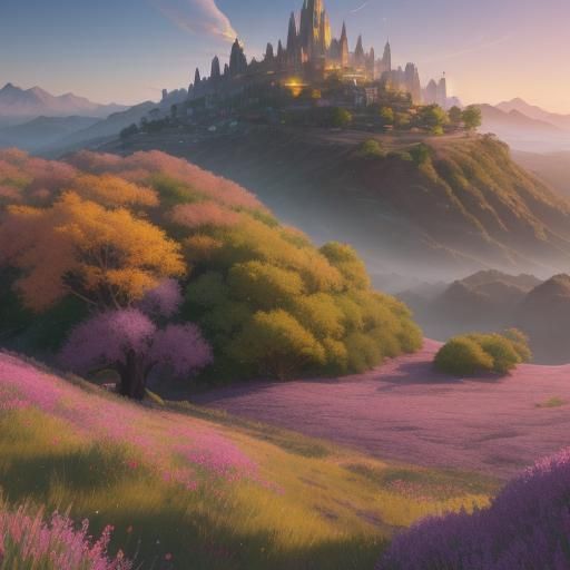 Mystical Landscape at Dawn in Stylized Oil Painting