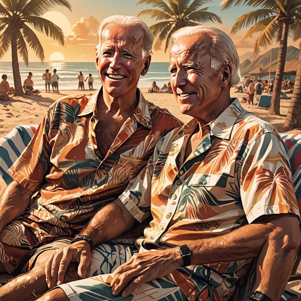 Biden and Trump on Beach in Stylized Illustration