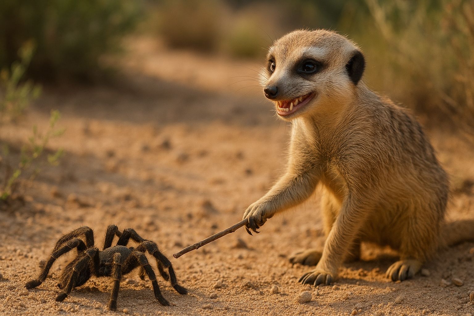 Erdmännchen pieckst eine Tarantel
