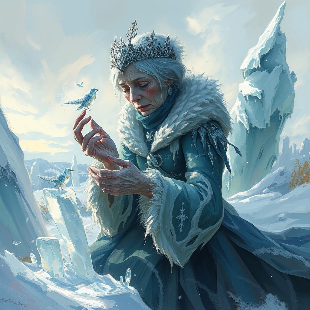Ice Queen Sculpting in a Surreal Frozen Landscape
