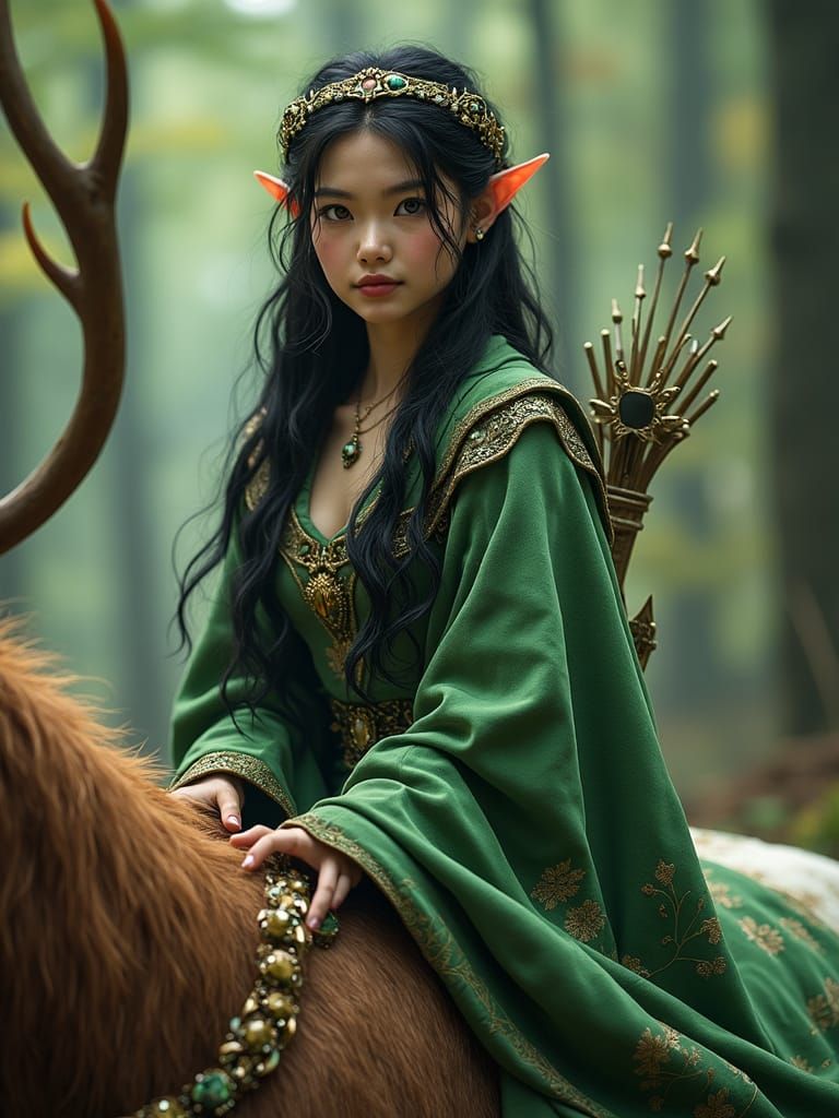 Hyperrealistic portrait of a beautiful young female elf with a lightly smiling face with dark long hair and dark brown eyes wearing greenish...