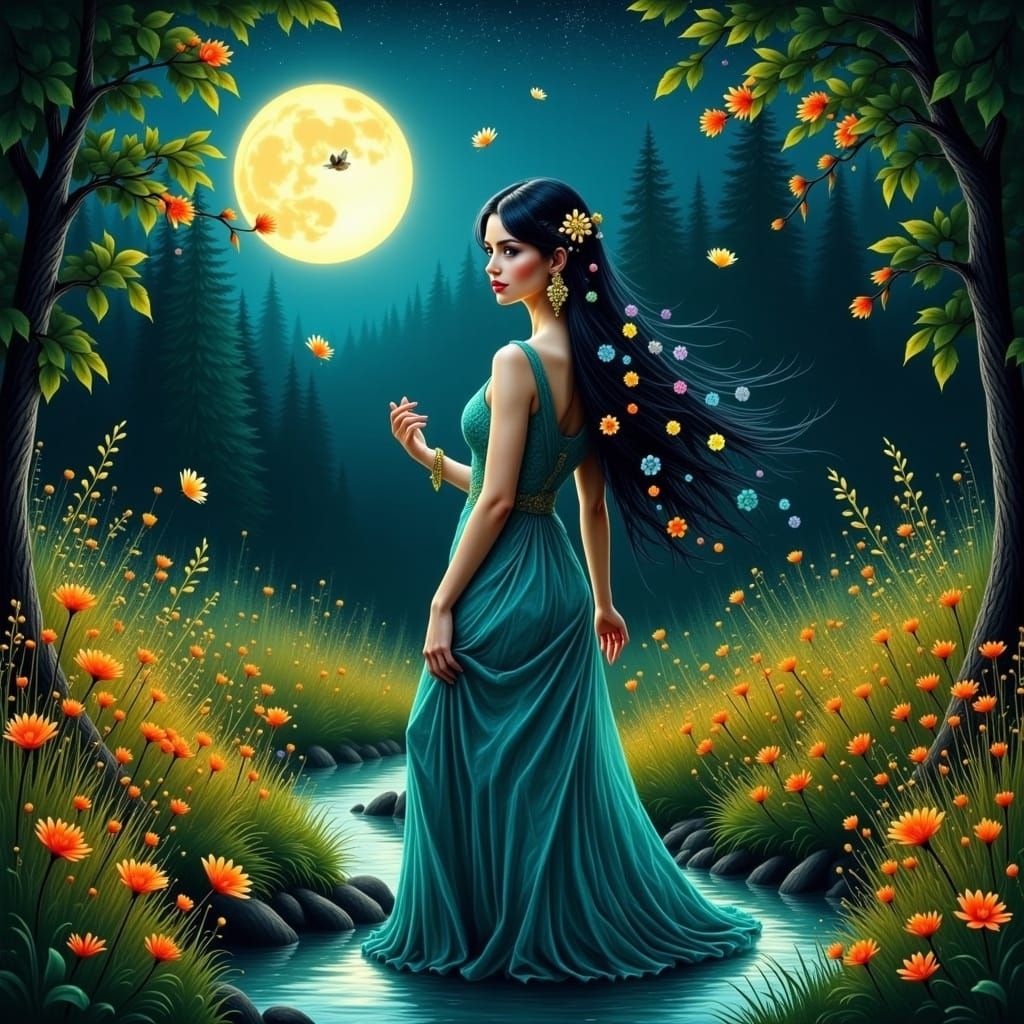 <lora:Flux Hyperreal:1.0> Hyperdetailed, 8k resolution, beautiful dark haired witchy woman w/ greenish yellow flowers in hair  & detailed ex...