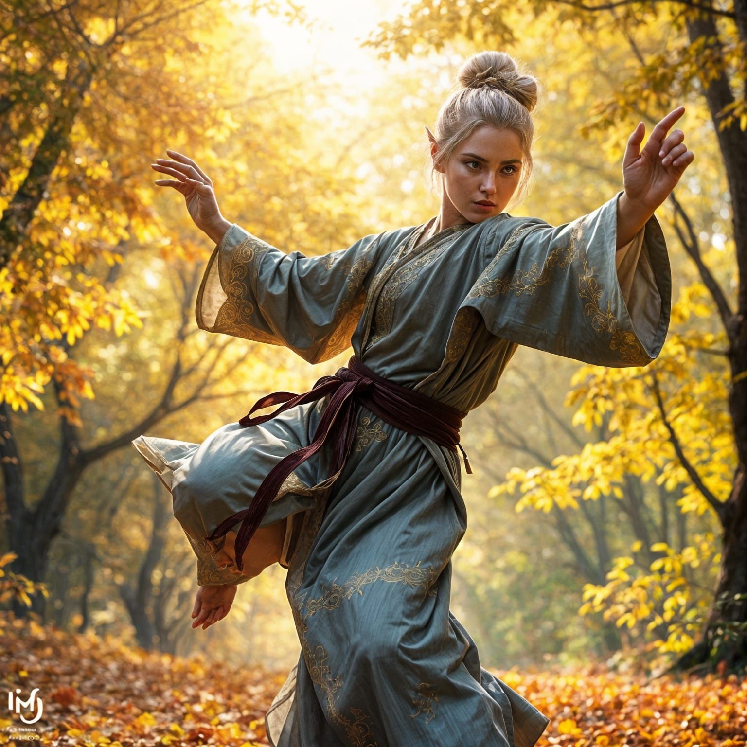 DnD fantasy style. A beautiful elven woman stands gracefully in a lush fantasy deciduous forest, her light blonde hair featuring fluttering...