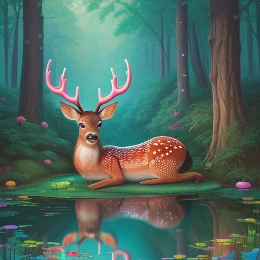 Cute forest deer is one with the moss and the pond