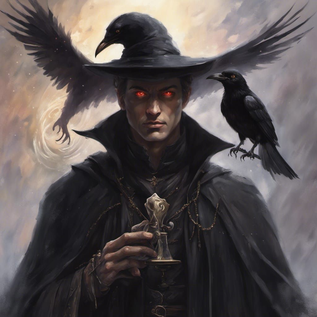 Male warlock with a crow companion wearing a black cloak and a wizard ...