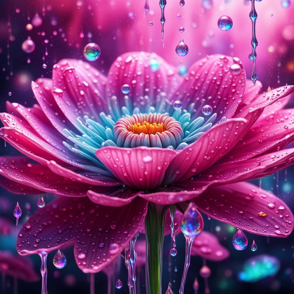 A pink flower shining in the light dripping with water drops!   by @Misty