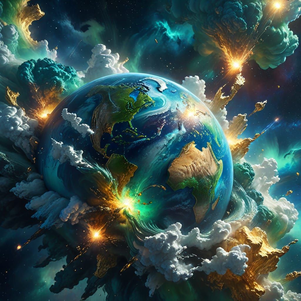 Earth in the center of the image, floating in space Hyperrealistic, splash art, concept art, mid shot, ...  by @Lennis