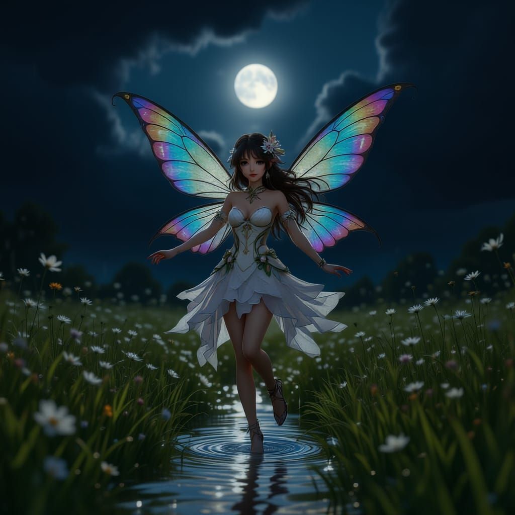 A beautiful fairy is dancing in the rain in the middle of a glorious meadow. The rain glistens like crystals on the landscape. The sun can b...
