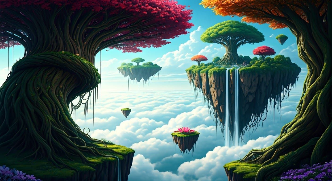 Surreal Floating Islands Rise Above Cloudy Skies in Vibrant ...