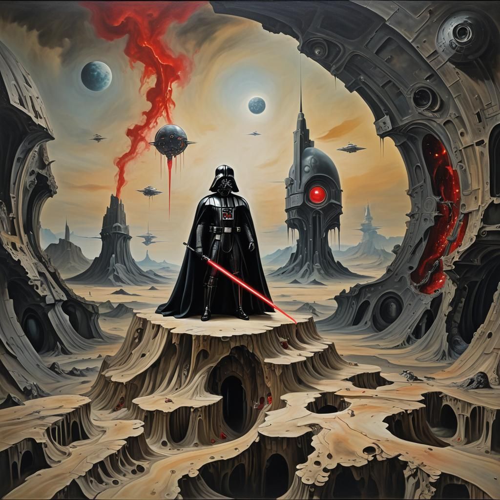 Darth Vader with a red lightsaber in a starship in a Salvador Dalí ...